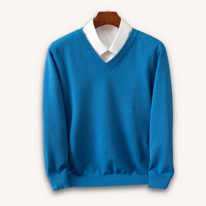 Elegant men's long sleeve V-neck pullover sweater, perfect for smart casual fashion.
