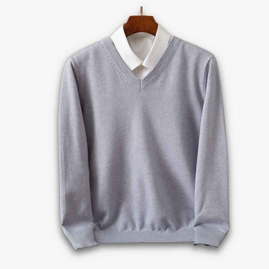 Casual men's slim fit V-neck sweater, great for layering or smart casual style.
