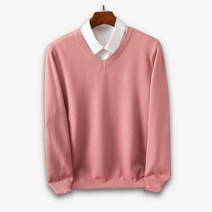 Essential men's slim fit V-neck sweater, a versatile long sleeve pullover for menswear.