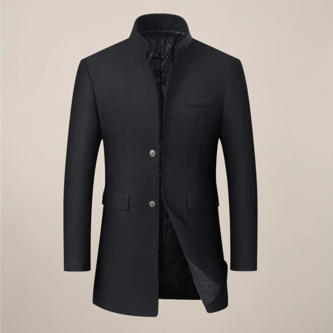 Men's slim fit winter trench coat, elegant and modern, featuring a stand collar and button-up front for warmth.