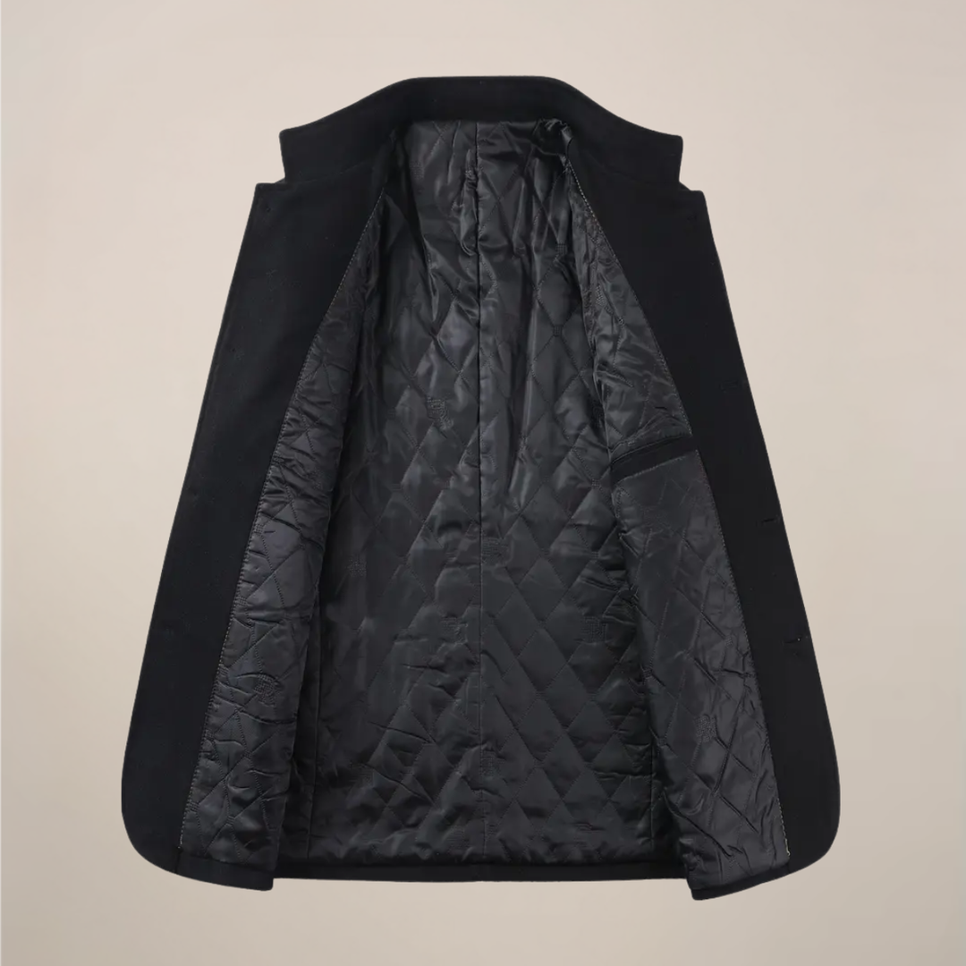 Stylish men's long trench coat with a stand collar, perfect for modern winter fashion, smart casual or formal wear.