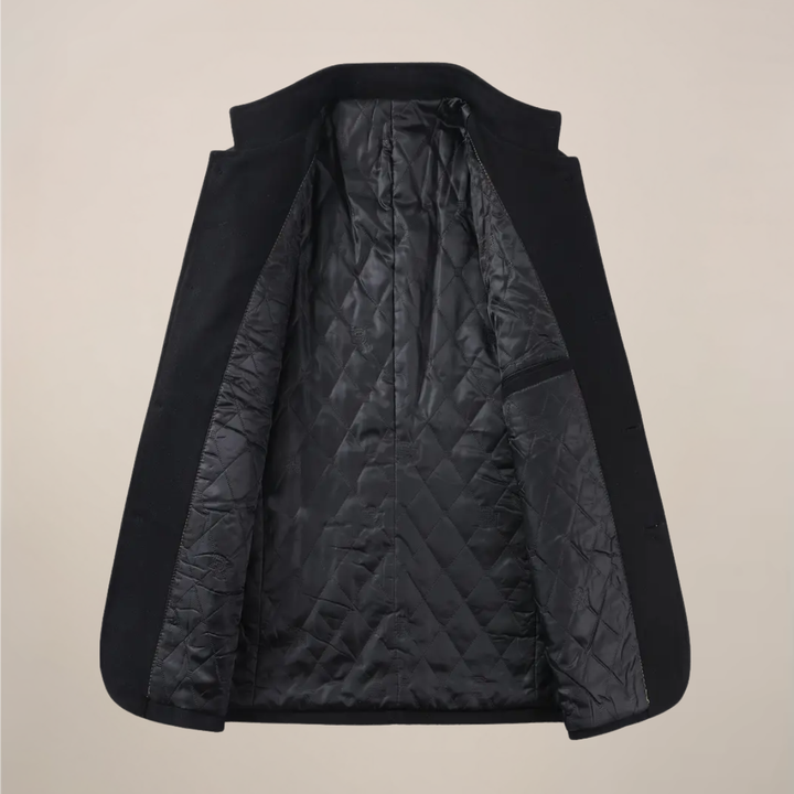 Stylish men's long trench coat with a stand collar, perfect for modern winter fashion, smart casual or formal wear.