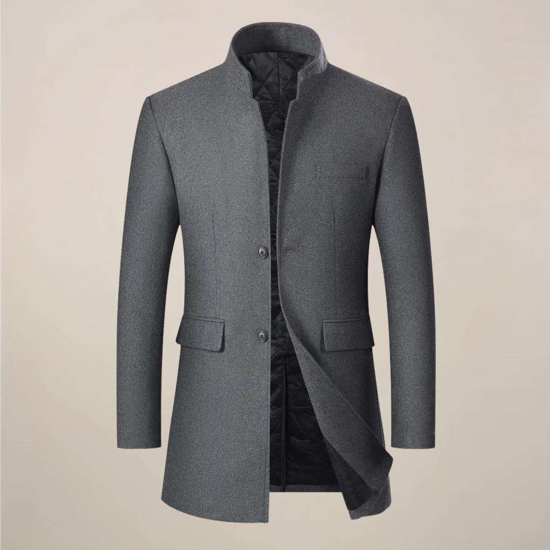 Classic men's trench coat, slim fit, offering elegant warmth for winter. Ideal outerwear for formal or smart casual.