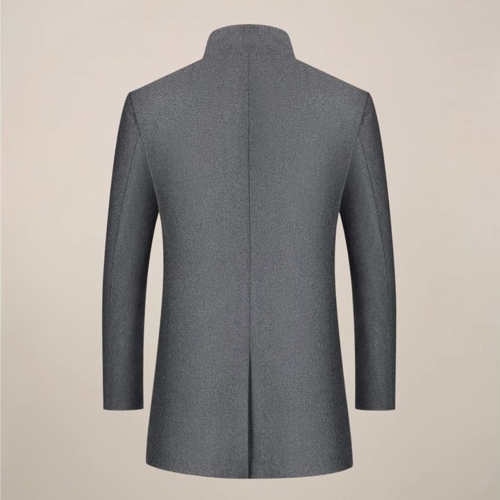 Button-up men's long winter coat, slim fit trench style, featuring a stand collar for warmth & modern elegance.