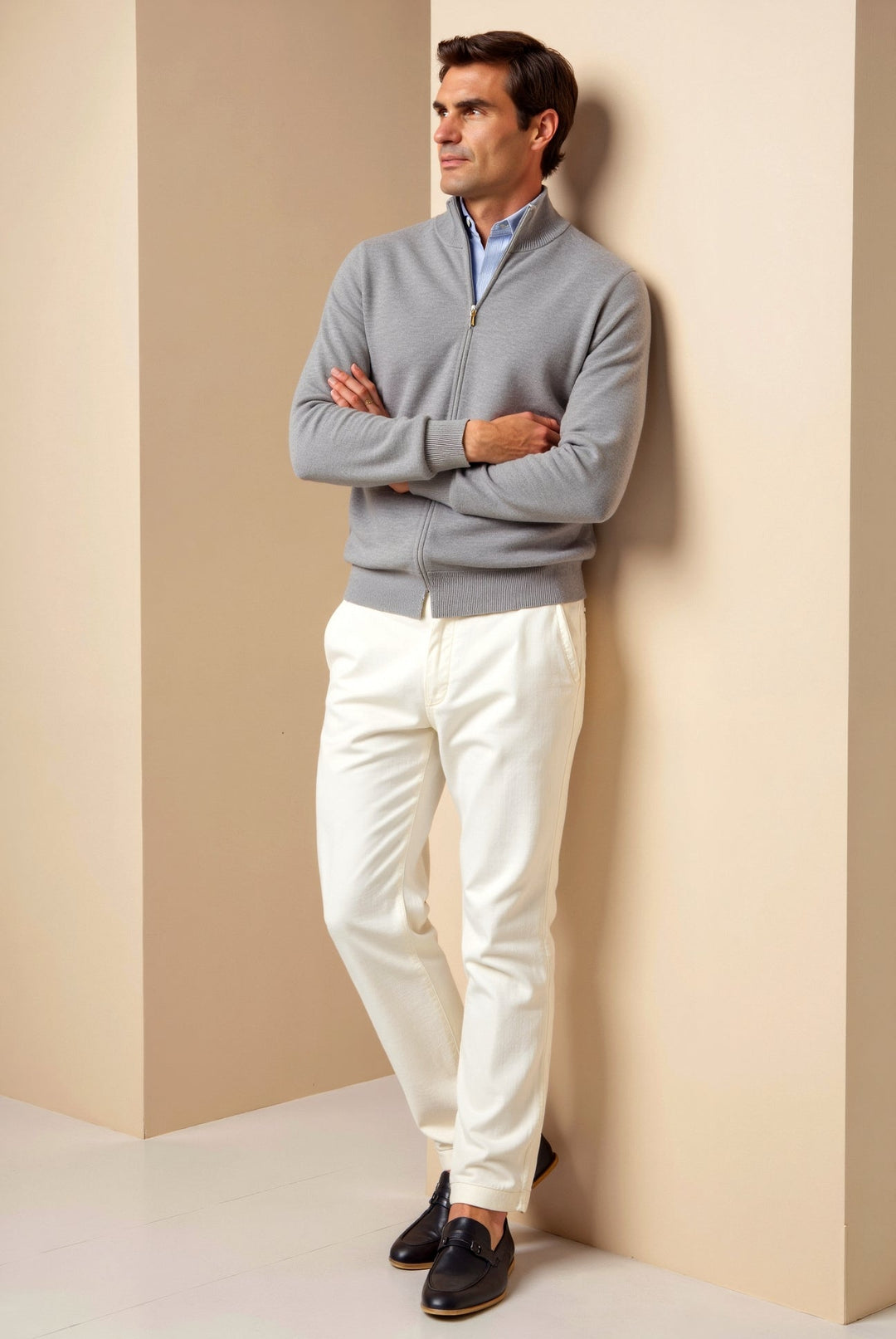 Stylish men's slim fit zip-up jacket. Features a stand collar, ideal lightweight outerwear for modern fashion.