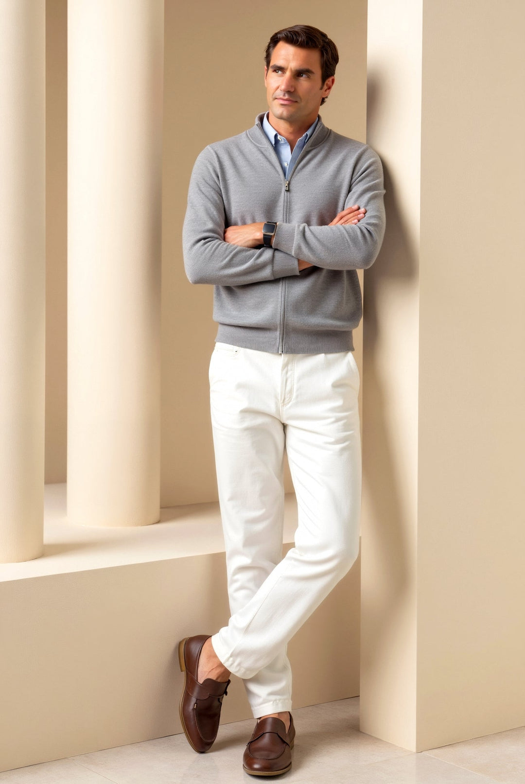 Modern men's slim fit jacket with a stand collar and zip front. Stylish and lightweight for everyday fashion.