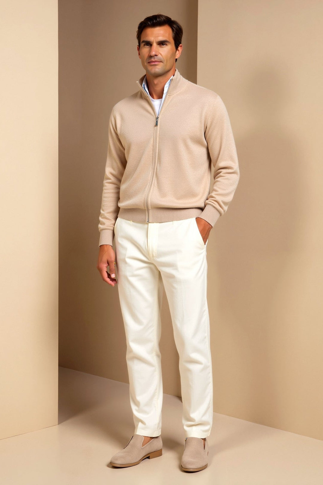 Casual men's zip-up jacket. Slim fit with a stylish stand collar, great for everyday modern outerwear.