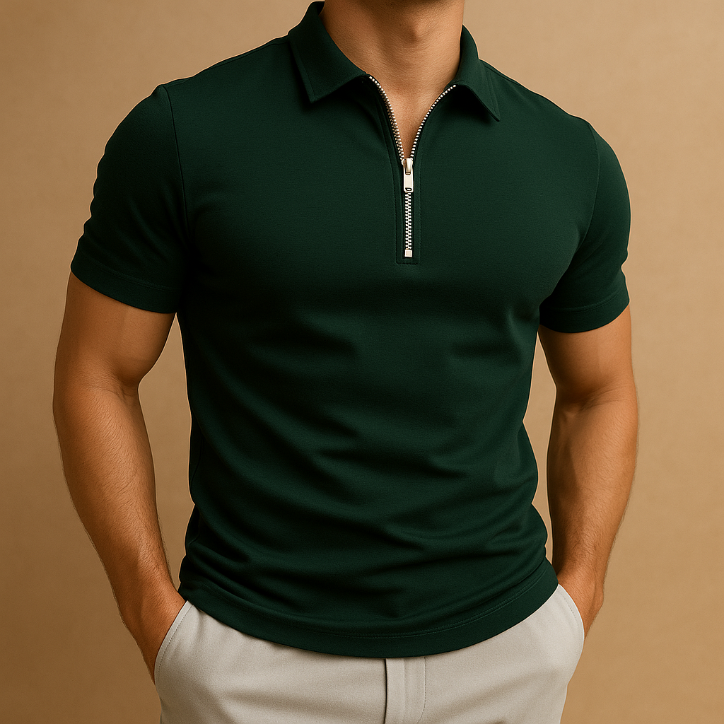 Versatile men's slim fit polo shirt with a stylish zip neck, suitable for smart casual events or daily wear.