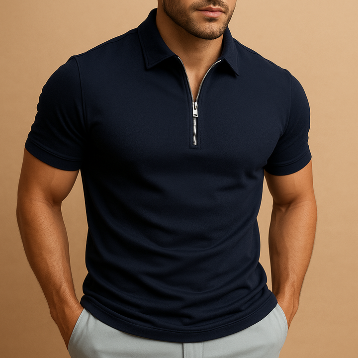Modern slim fit zip neck polo, an essential short sleeve top for men's fashion and contemporary style.