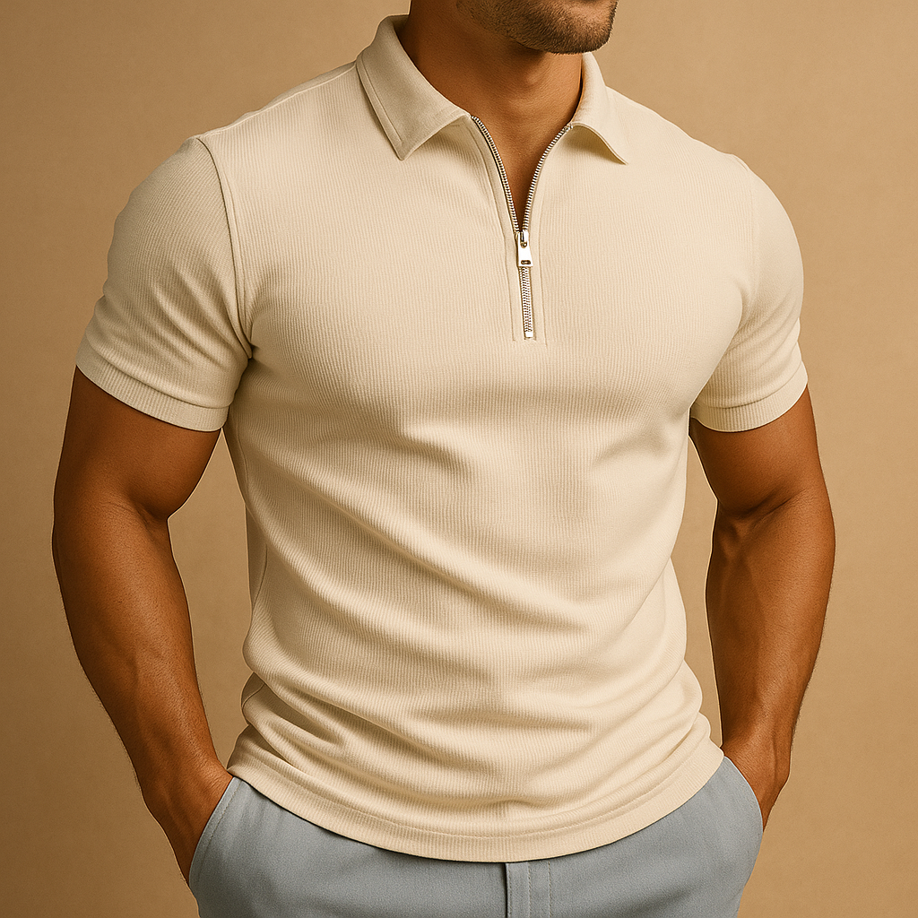 Comfortable men's everyday wear polo: short sleeve, modern zip neck, and a flattering slim fit style.