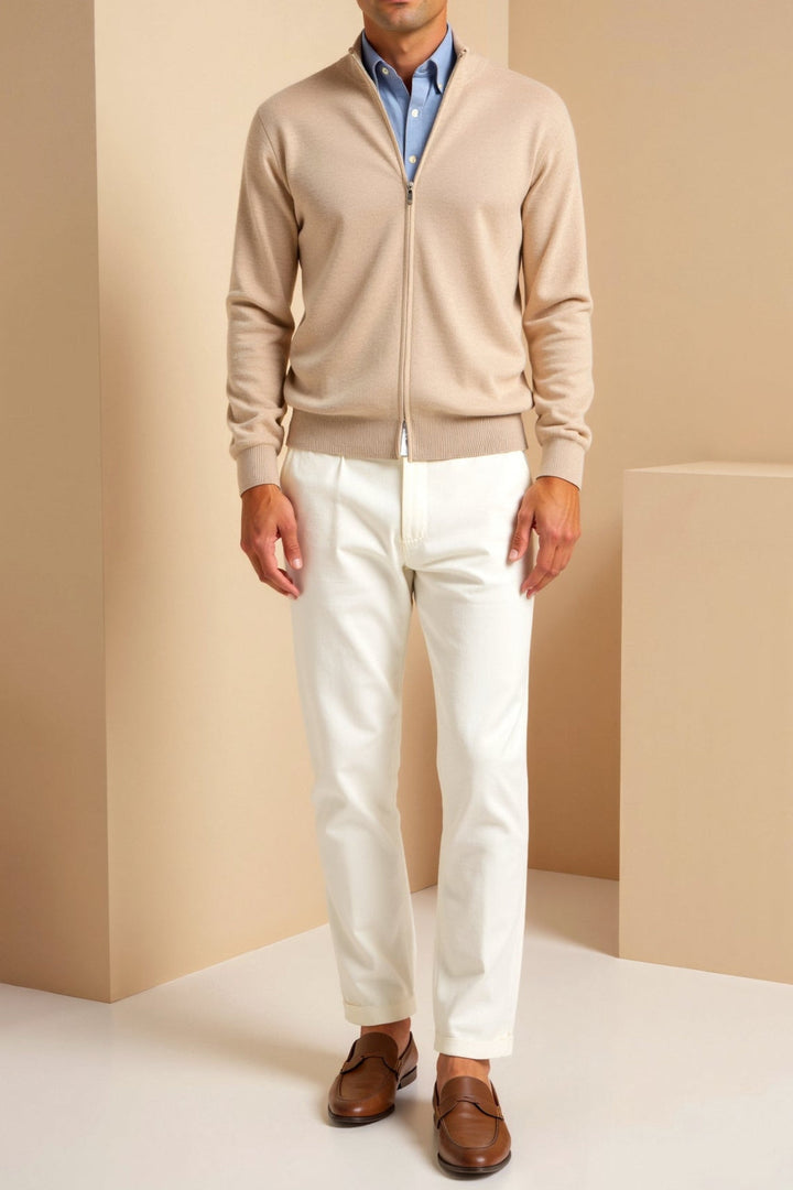 Close-up: Men's slim fit zip-up jacket, stand-up collar detail. Essential for modern, casual men's fashion.