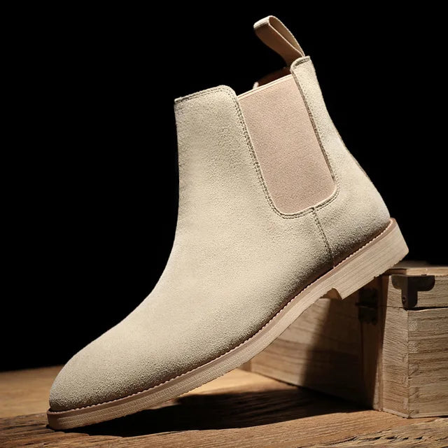 Stylish men's leather slip-on Chelsea boots, perfect for modern casual or dress outfits. Easy wear footwear.