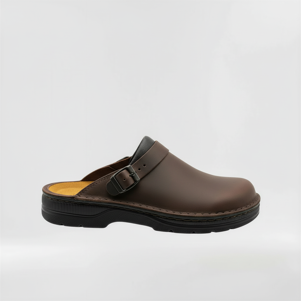 Khaki men's comfort slip-on clogs, perfect as indoor-outdoor slippers. Closed-back, practical casual footwear.