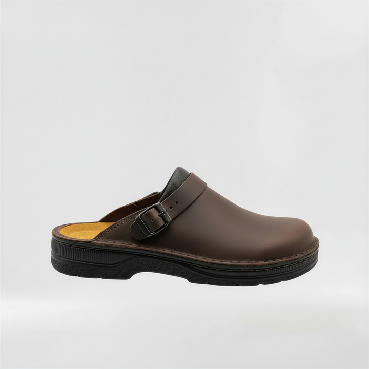 Khaki men's comfort slip-on clogs, perfect as indoor-outdoor slippers. Closed-back, practical casual footwear.
