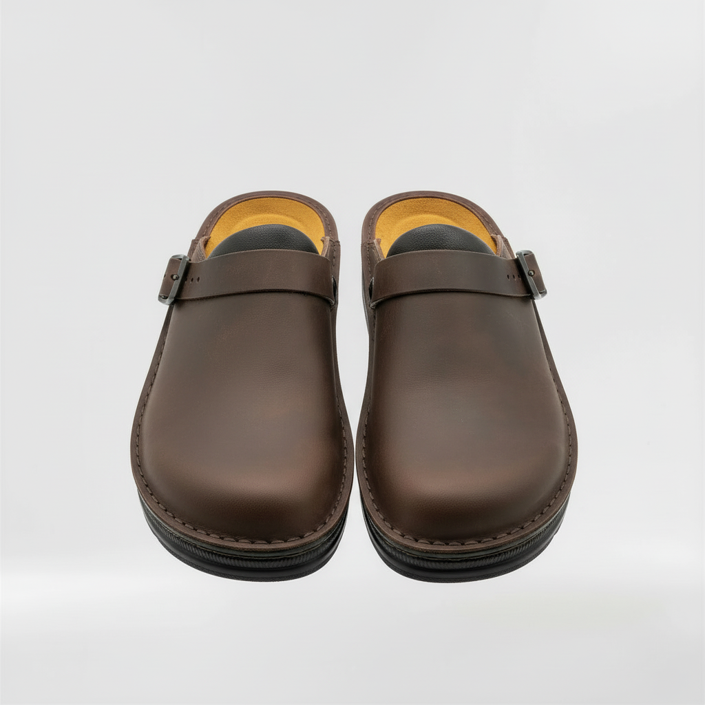 Practical men's sabot style clogs with closed back. Everyday slip-on comfort shoes for indoor & outdoor wear.