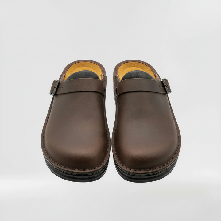 Practical men's sabot style clogs with closed back. Everyday slip-on comfort shoes for indoor & outdoor wear.