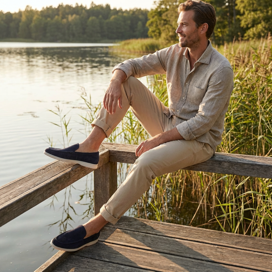 Men's fashionable driving loafers, slip-on design with decorative exposed stitching & contrast sole.