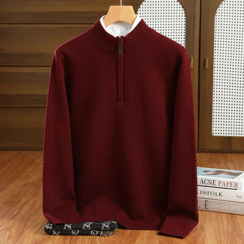 Men's smart casual half-zip mock neck sweater. Tailored fit, ideal for layering & all-season wear.