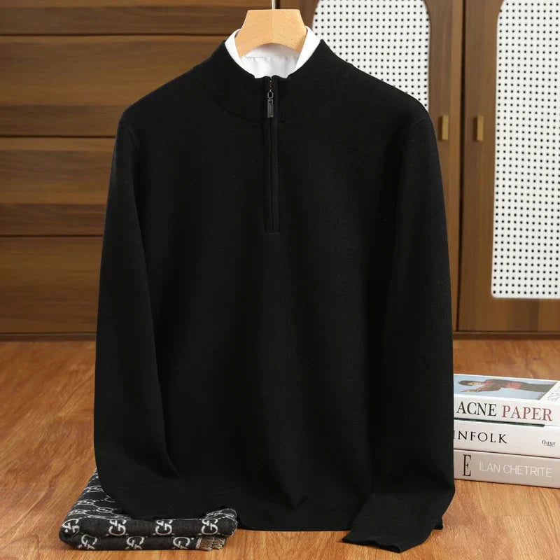 Tailored fit men's half-zip mock neck pullover sweater. Perfect for business casual & smart layering.