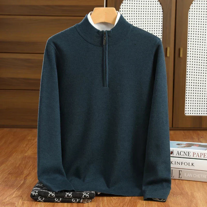 Stylish men's half-zip mock neck sweater. Tailored fit, great for all-season wear & smart casual outfits.