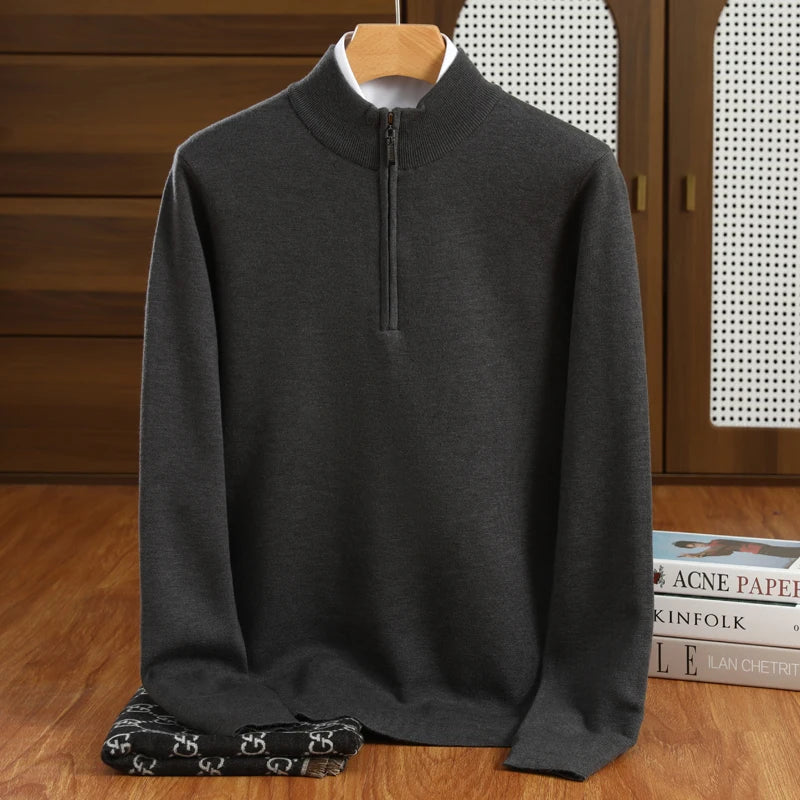 Men's half-zip mock neck sweater, a smart casual pullover. Ideal for layering and a tailored fit look.