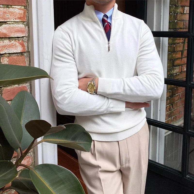 Stylish men's half-zip sweater in a versatile smart casual look. Perfect for fall outfits & comfortable winter wear.