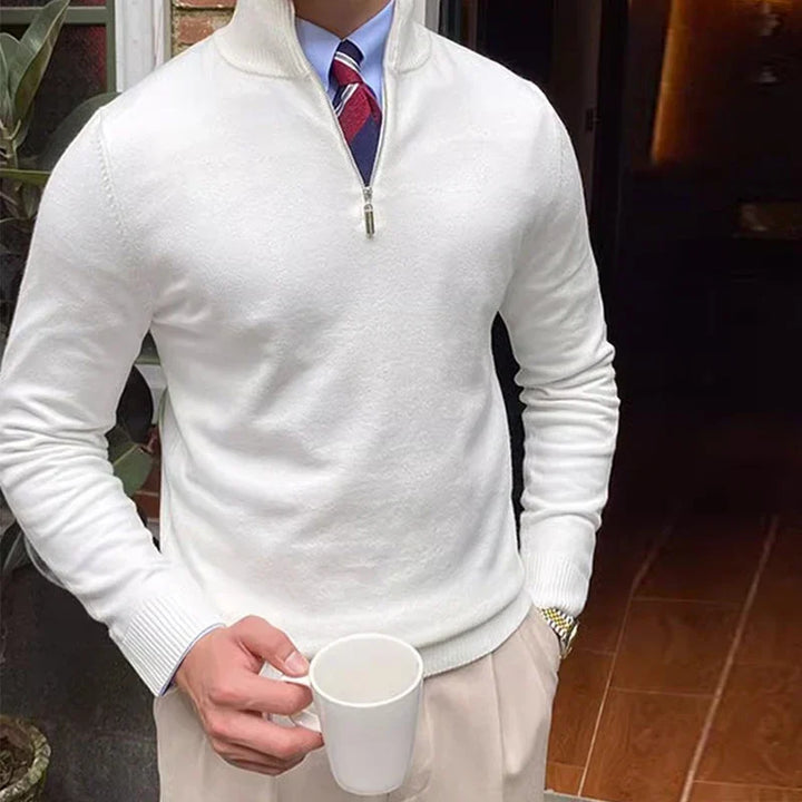 Comfortable men's half-zip knit pullover sweater. Soft fabric for autumn fashion & elegant winter style.