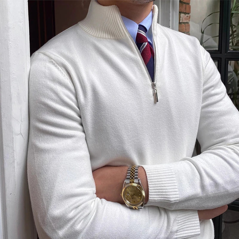 Men's elegant half-zip sweater for smart casual fall and winter fashion. A versatile knit pullover for layering.