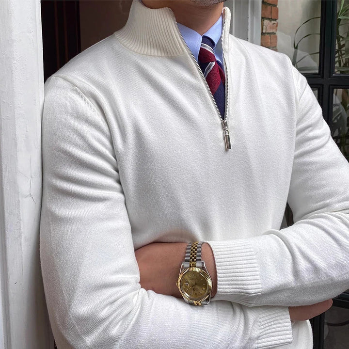 Men's elegant half-zip sweater for smart casual fall and winter fashion. A versatile knit pullover for layering.