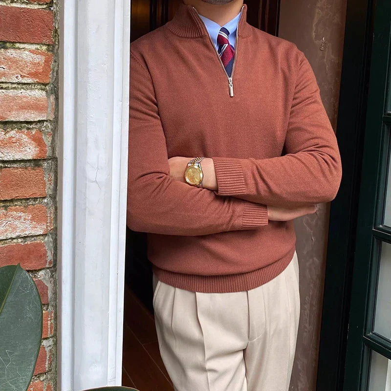 Warm men's half-zip ribbed knit sweater, essential for fall & winter style. A comfortable smart casual pullover.