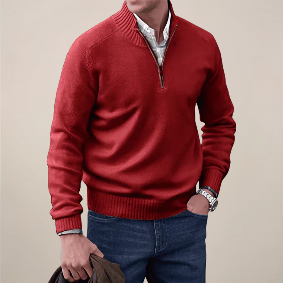 Men's half-zip smart casual sweater, a ribbed pullover perfect for versatile layering and office wear.