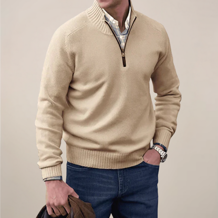 Ribbed men's half-zip pullover, ideal for all-season layering and smart casual outfits.