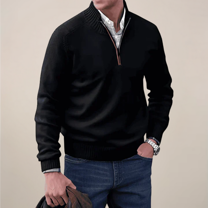 Stylish men's half-zip sweater, great for office wear or elevated everyday smart casual fashion.