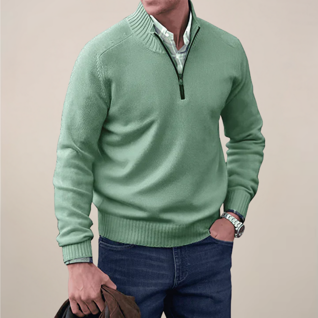 Men's half-zip cardigan pullover with ribbed details, offering versatile smart casual style.