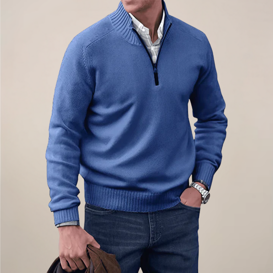 Men's ribbed half-zip sweater, a smart casual pullover ideal for versatile layering and men's fashion.