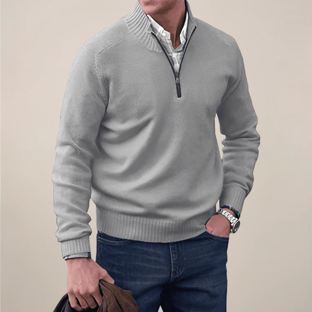 Modern men's half-zip sweater, creating an effortless smart casual look for any occasion.