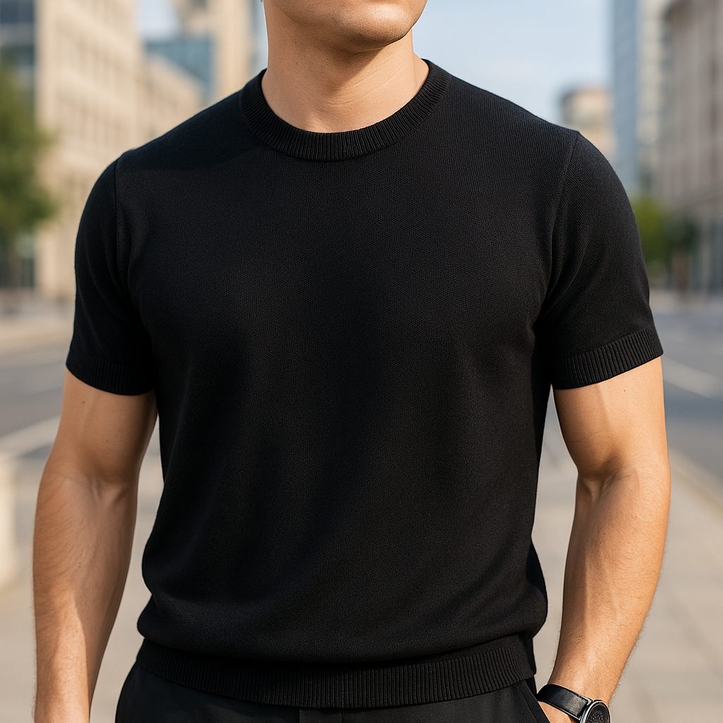 Stylish men's crew neck knit t-shirt. Short sleeve, tailored fit, perfect for year-round smart casual wear.