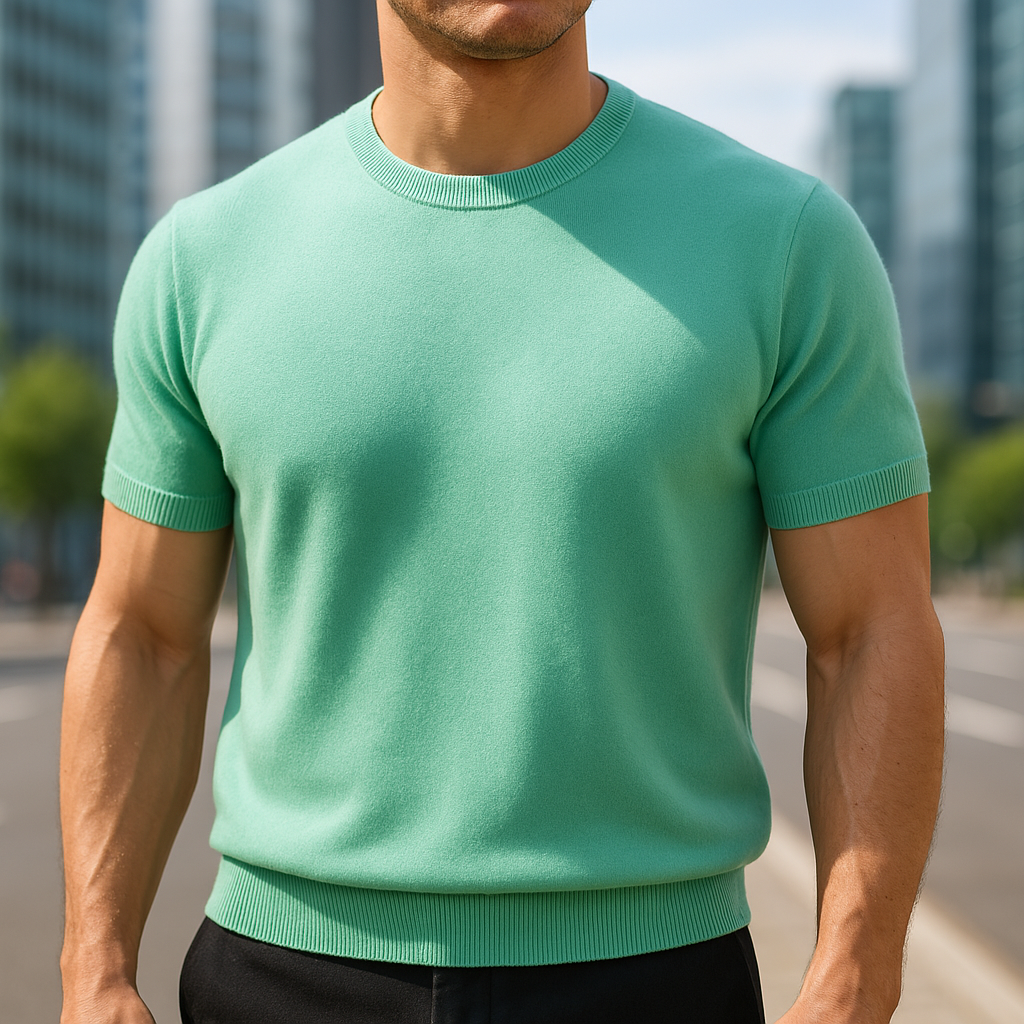 Men's modern knit t-shirt, crew neck, short sleeve. Offers tailored fit, all-day comfort, and versatility.