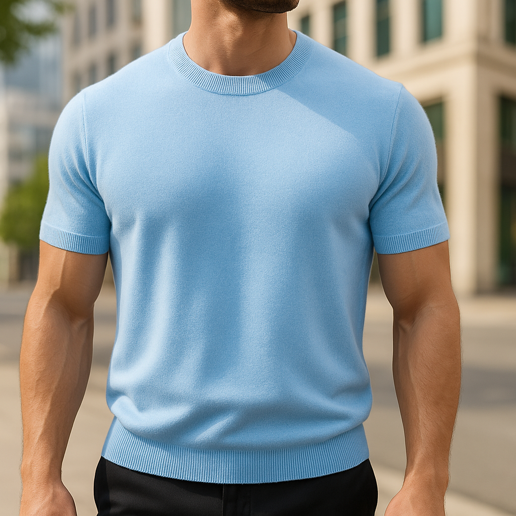 Everyday men's smart casual knit t-shirt. Short sleeve, comfortable, and versatile for a modern look.