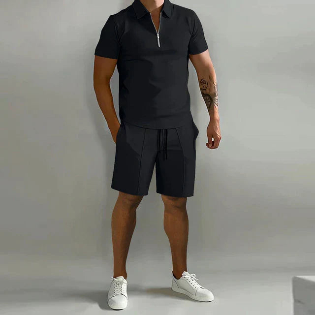 Men's smart casual summer outfit set: stylish polo shirt and comfortable shorts. Perfect for warm weather.