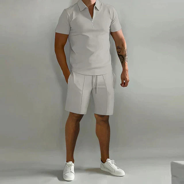 Effortlessly stylish men's summer outfit set with a sophisticated polo and comfortable, coordinated shorts.