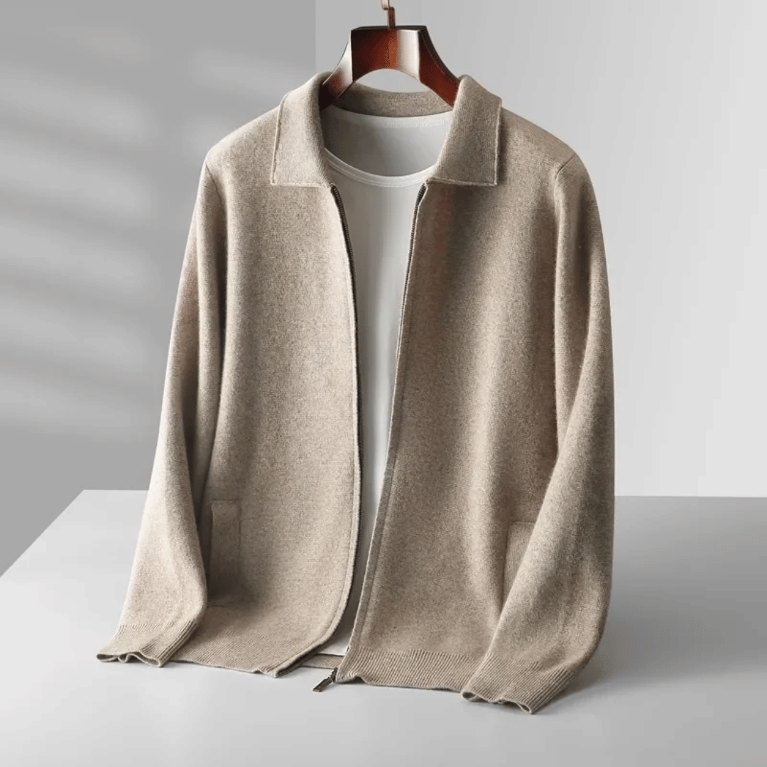 Men's smart casual zip-up knit cardigan in a versatile dark shade, perfect for layering.