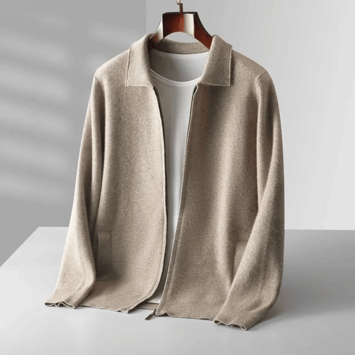 Men's smart casual zip-up knit cardigan in a versatile dark shade, perfect for layering.