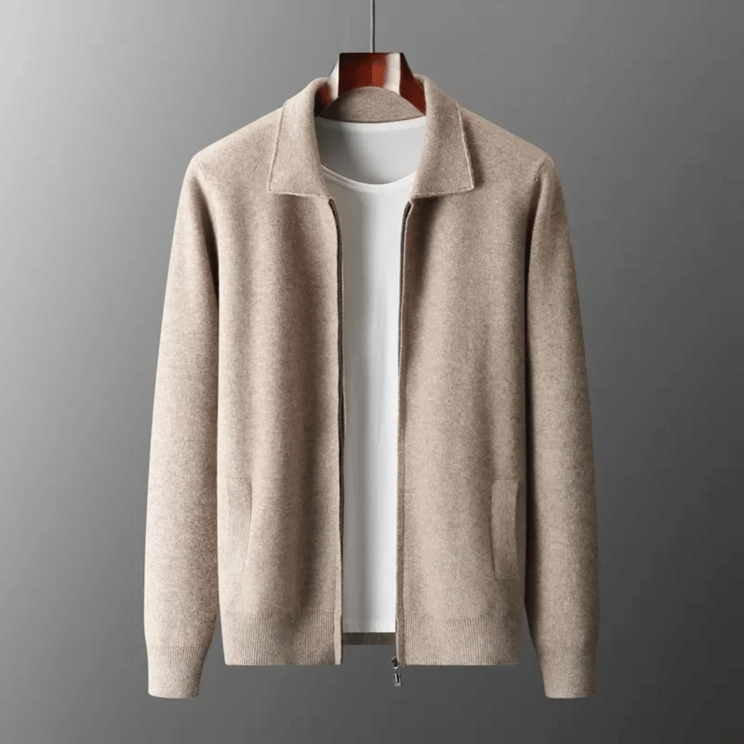 Close-up of a comfortable men's knit cardigan with a durable zip-up front, ideal as a light jacket.
