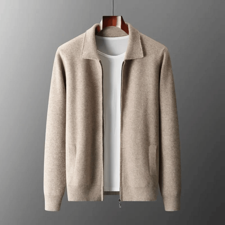 Close-up of a comfortable men's knit cardigan with a durable zip-up front, ideal as a light jacket.