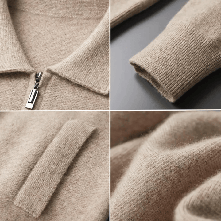 Front view of a versatile men's knit zip-up cardigan, offering effortless smart casual style.