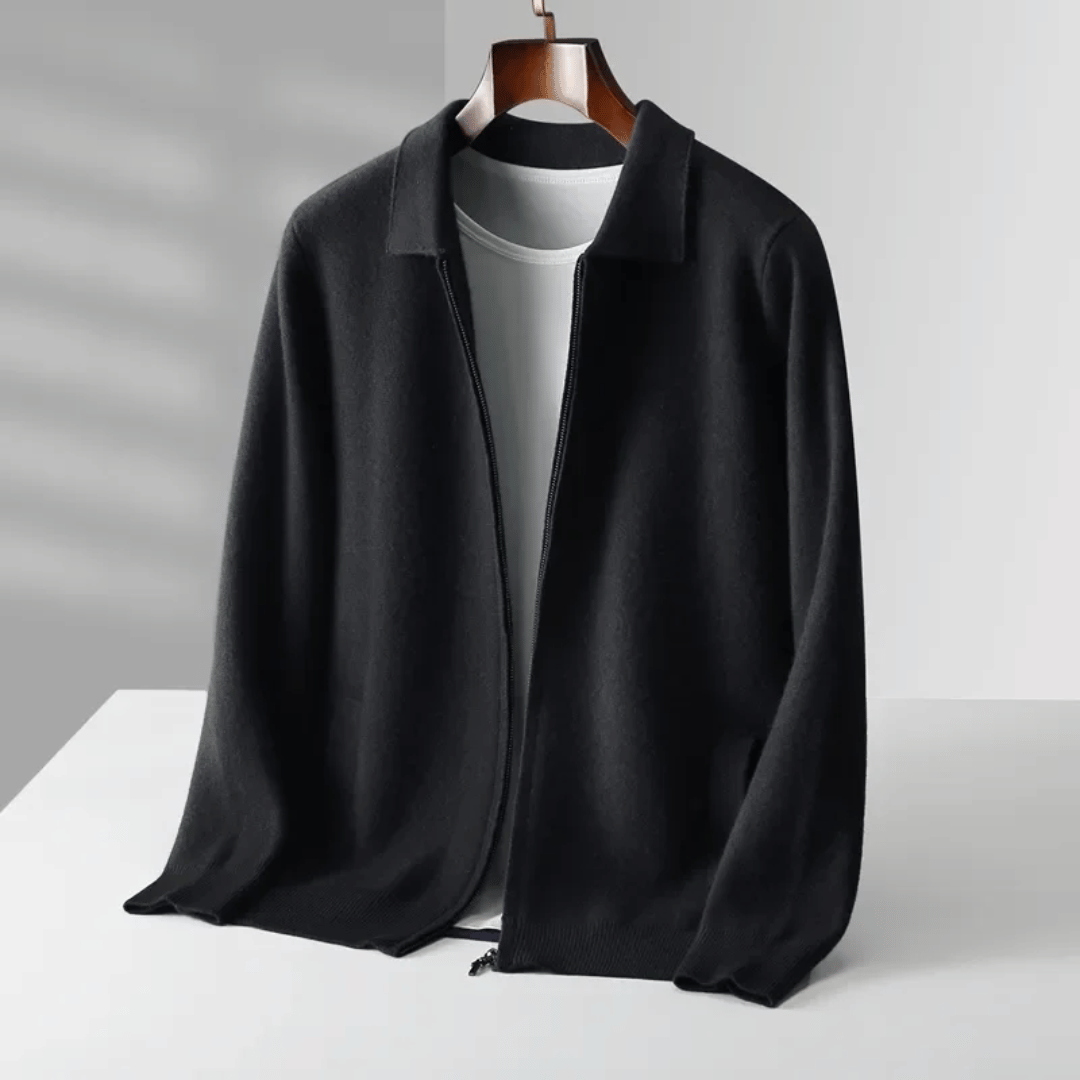 Full length shot of a men's zip-up knit cardigan, a comfortable and versatile smart casual layering piece.