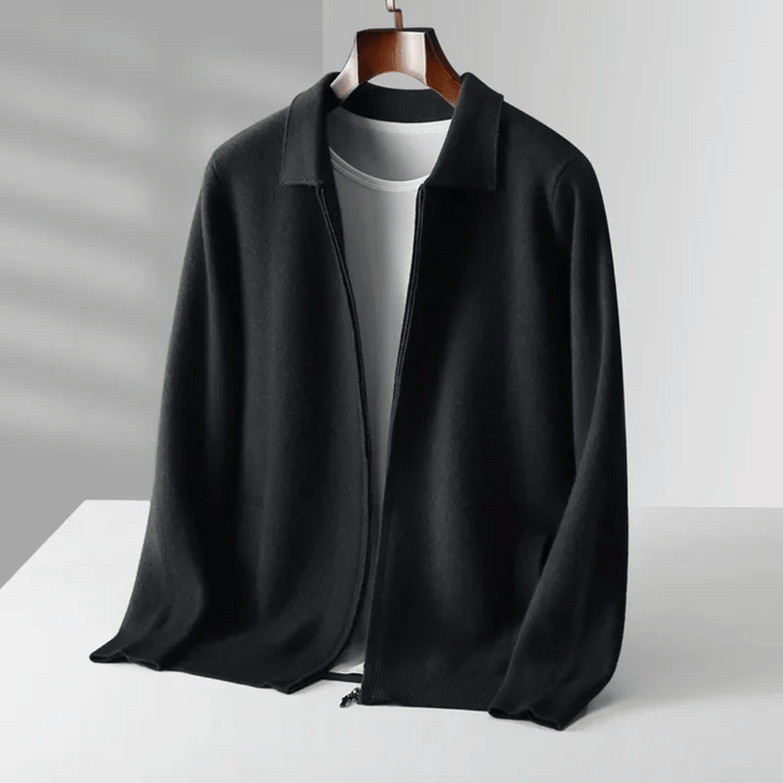 Full length shot of a men's zip-up knit cardigan, a comfortable and versatile smart casual layering piece.