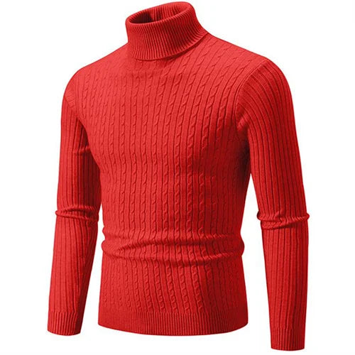 Side profile of a men's tailored fit ribbed turtleneck sweater, ideal for layering & winter fashion.