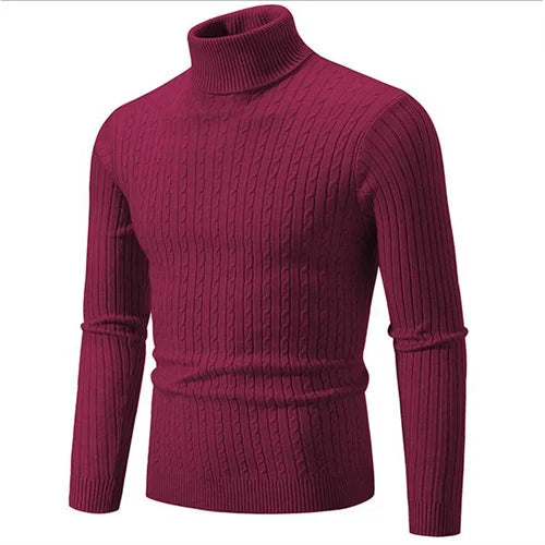 Modern men's ribbed turtleneck sweater, soft knit with tailored fit. Perfect for smart casual fall outfits.